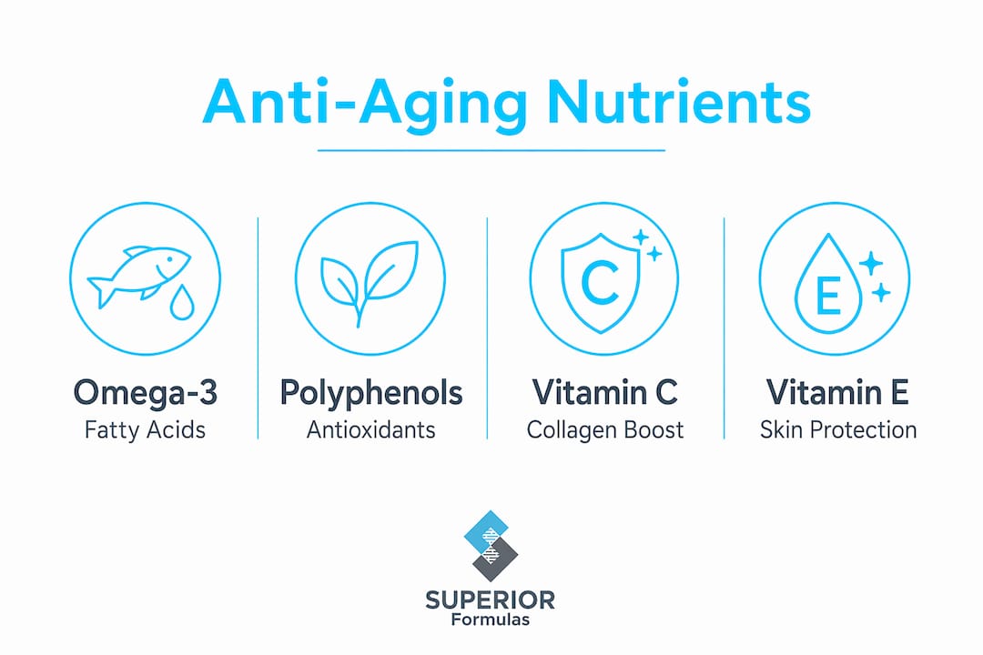 Infographic showing key anti-aging nutrients and foods