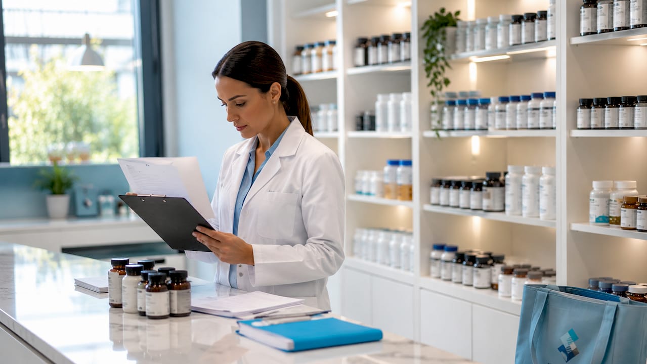 Pharmacist reviewing supplement certification