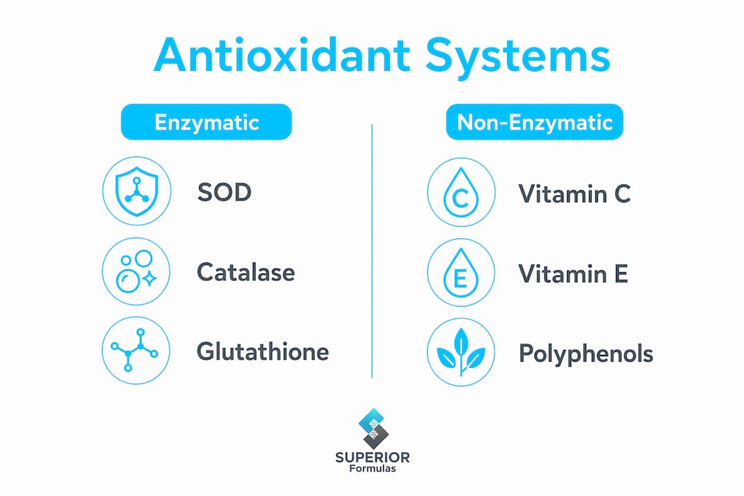 Infographic contrasting enzymatic and non-enzymatic antioxidants