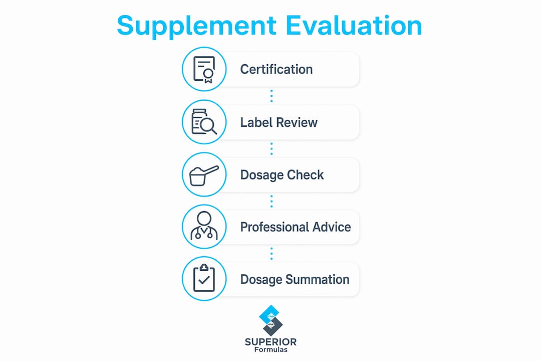 Infographic showing steps to evaluate dietary supplements
