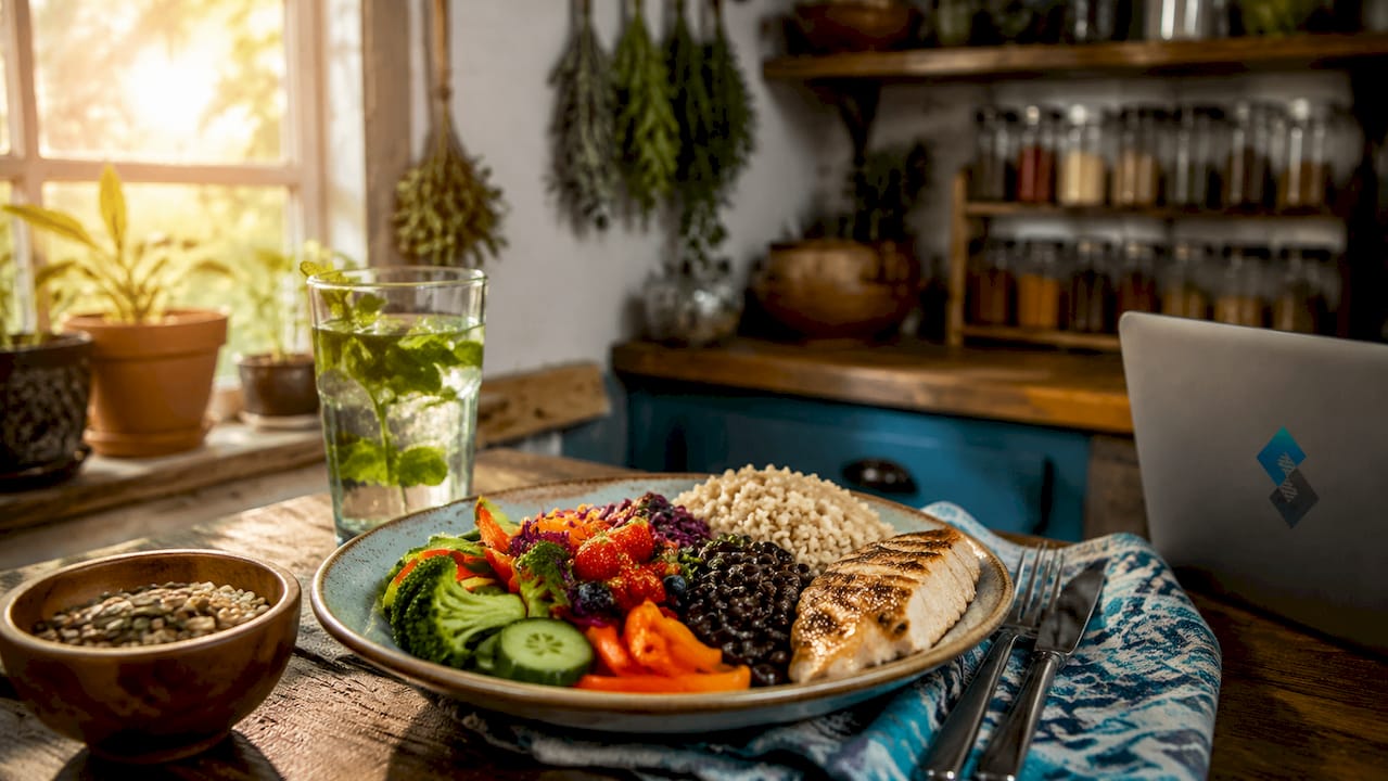 Overhead view of healthy whole food diet plate on table