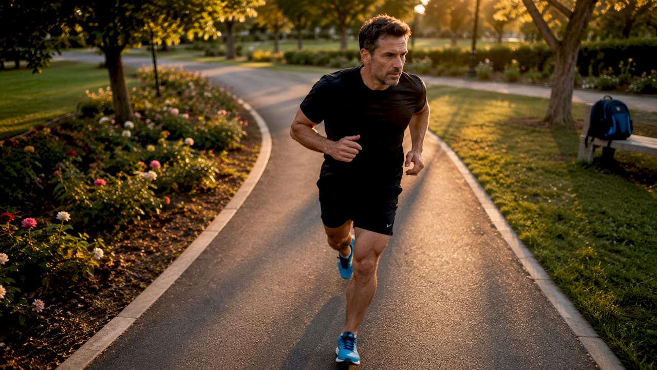 Man jogging in park to support mitochondria health