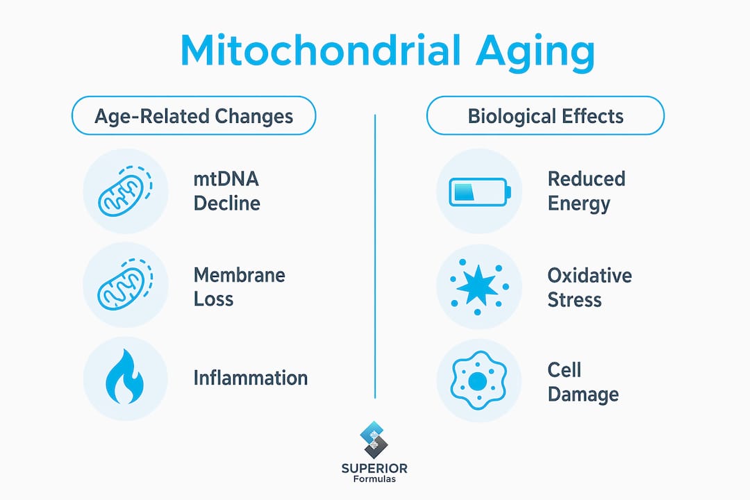 Infographic showing mitochondrial aging changes and effects