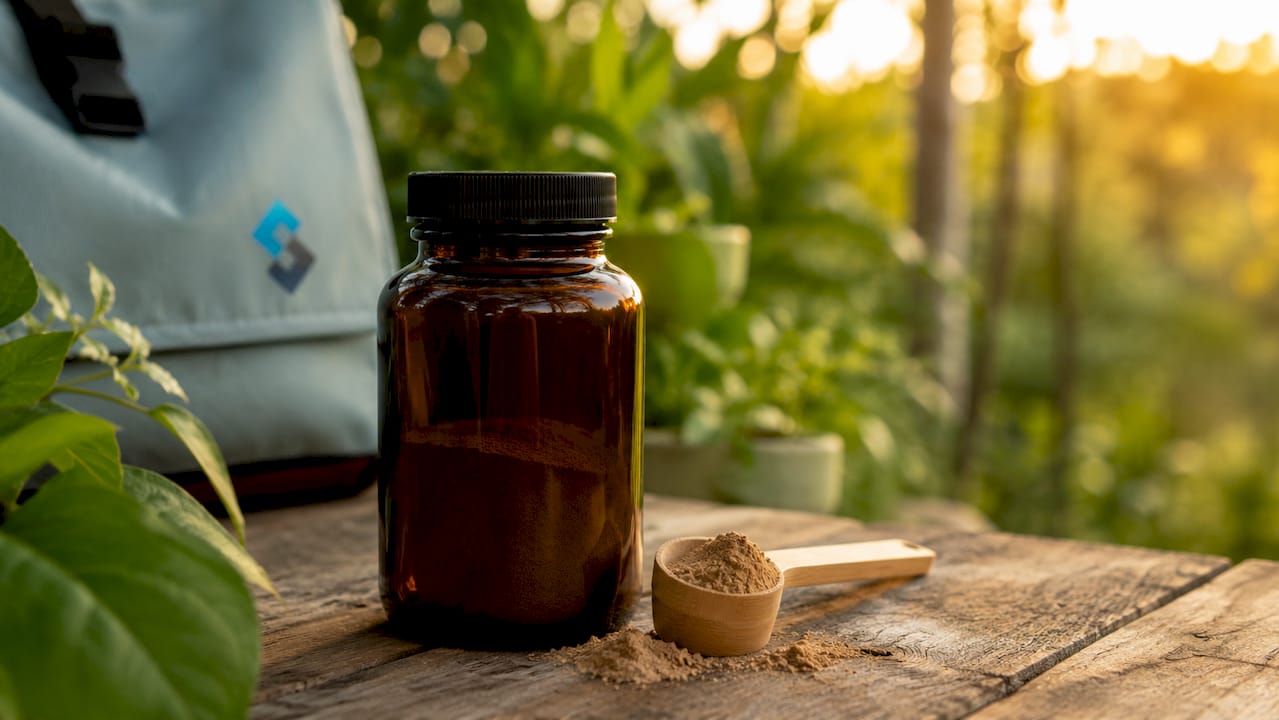 Supplement bottle beside measuring spoon with powder
