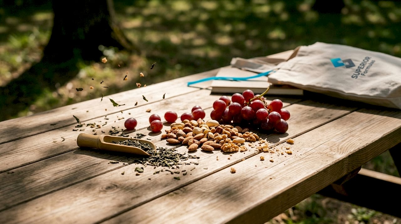 Top-down view of heart-health foods including grapes and tea leaves