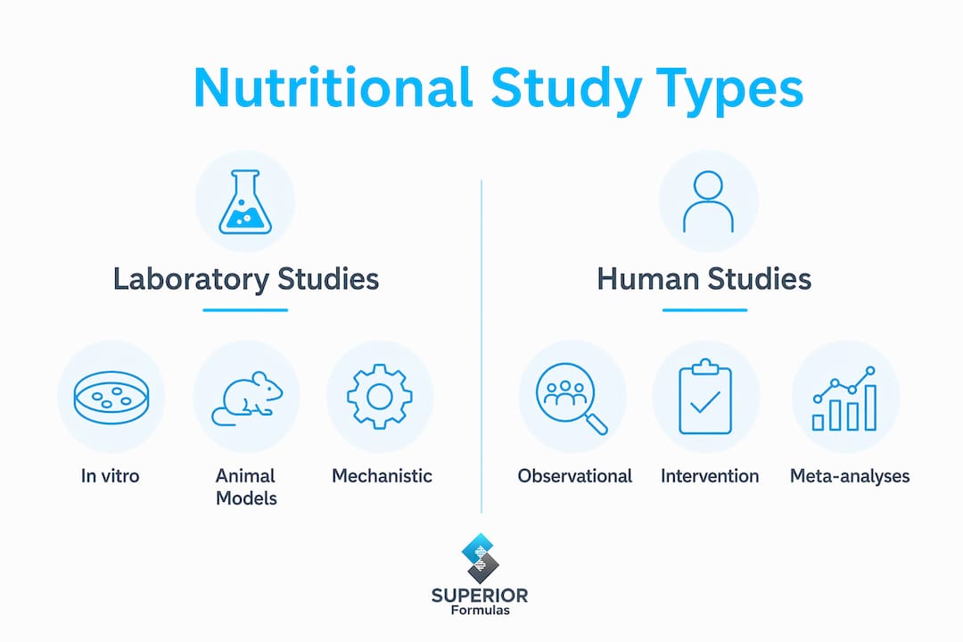 Infographic comparing laboratory and human study types in nutritional research