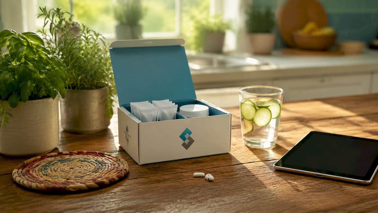 Detox supplements and water on home office desk