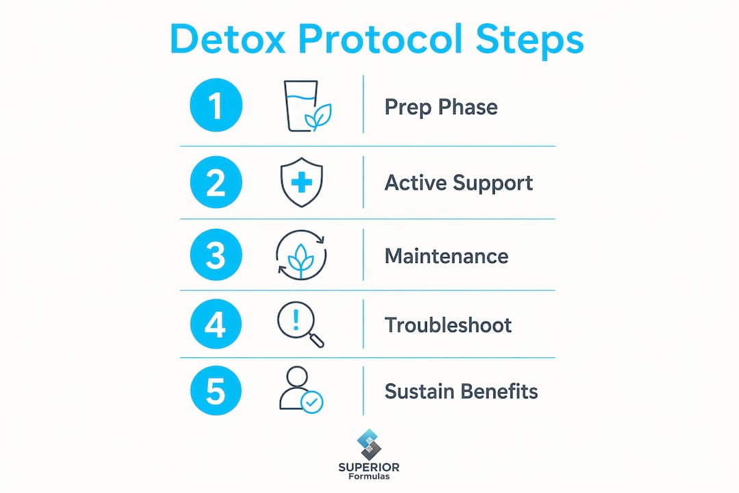 Infographic displaying step by step detox protocol stages
