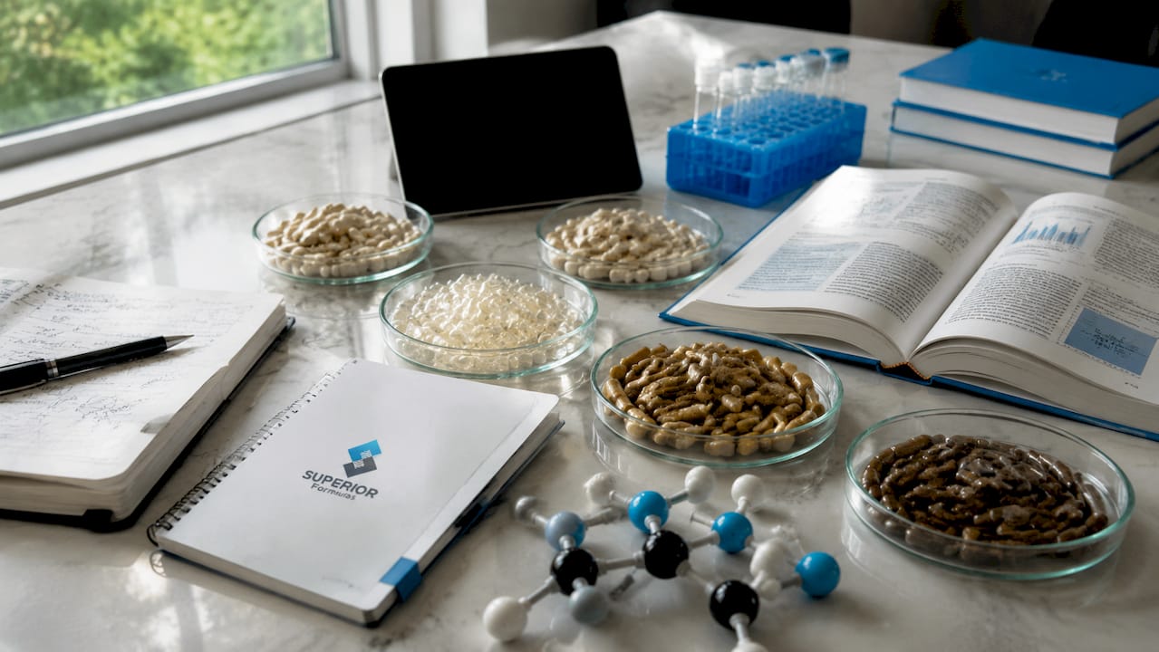 Supplement capsules and research materials on desk