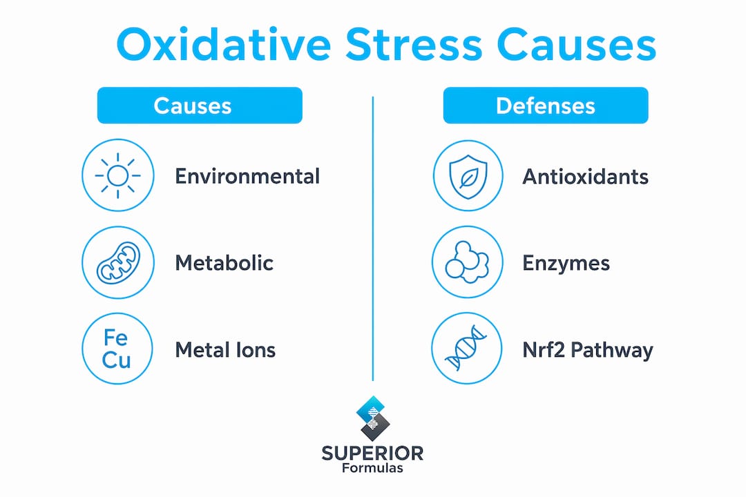 Infographic comparing oxidative stress causes and defenses