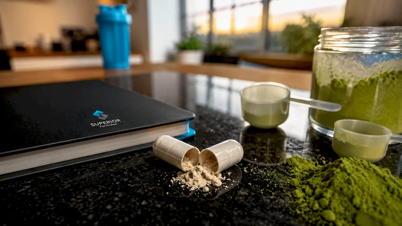 Close-up of opened nutraceutical capsule with powder