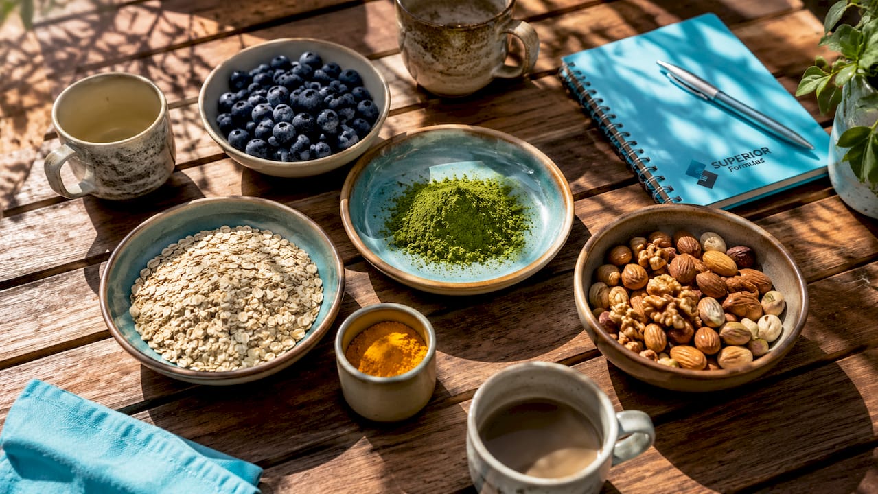 Overhead view of bowls with various bioactive foods on kitchen island