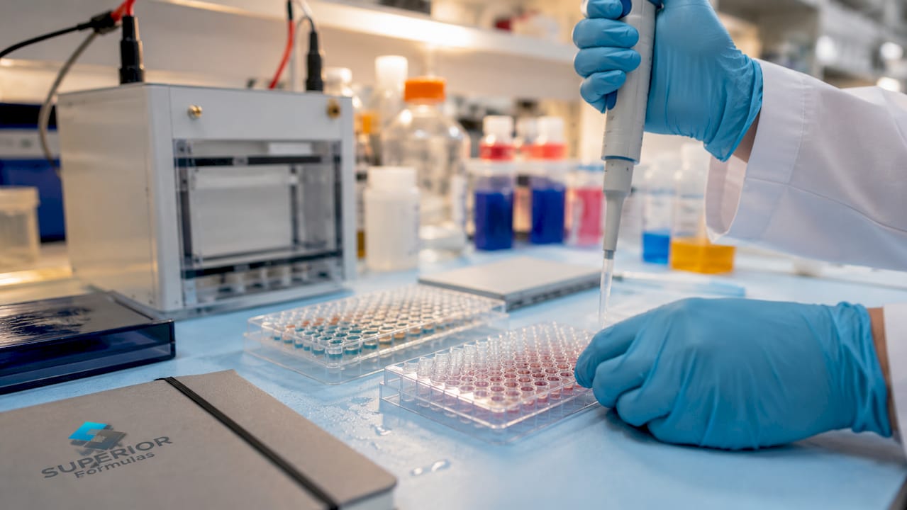 Hands pipetting into microtiter plates in lab