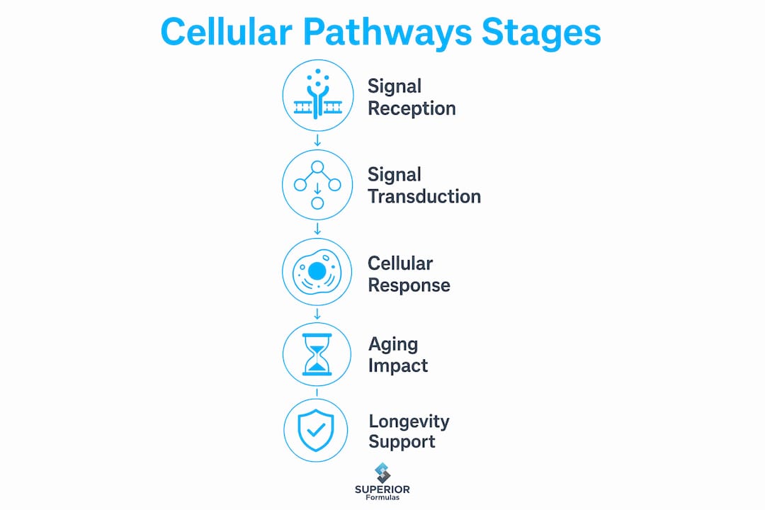 Infographic showing stages of cellular pathways affecting health and aging