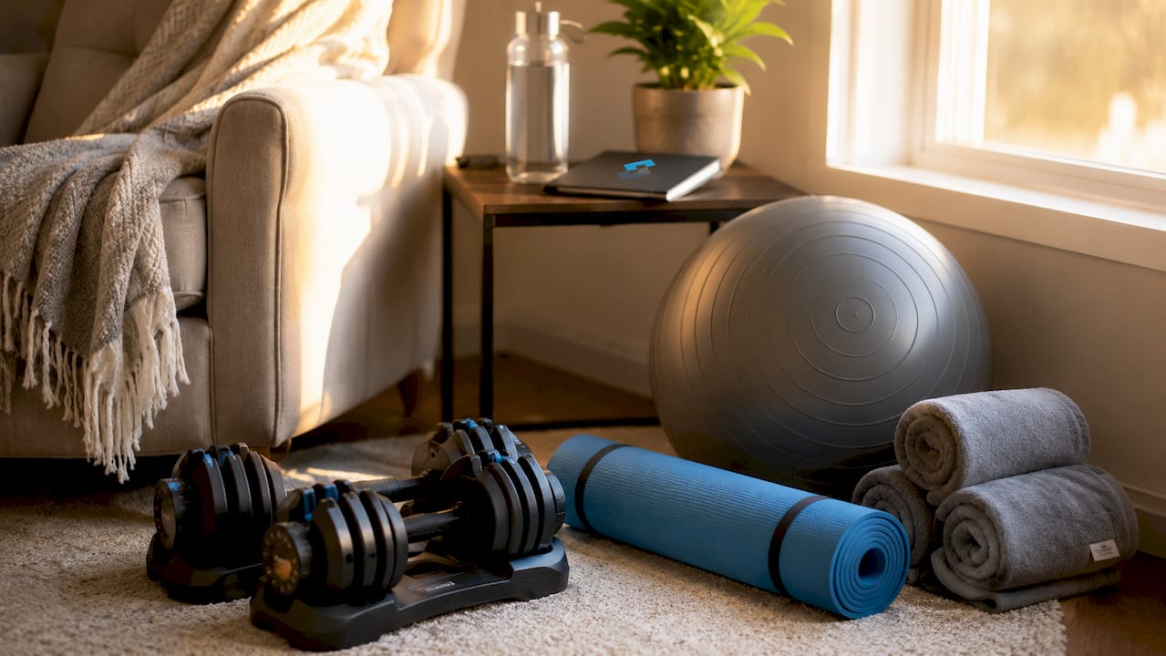 Close-up gym setup for longevity exercise routine