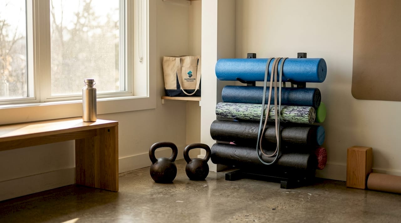 Strength training equipment in home gym corner