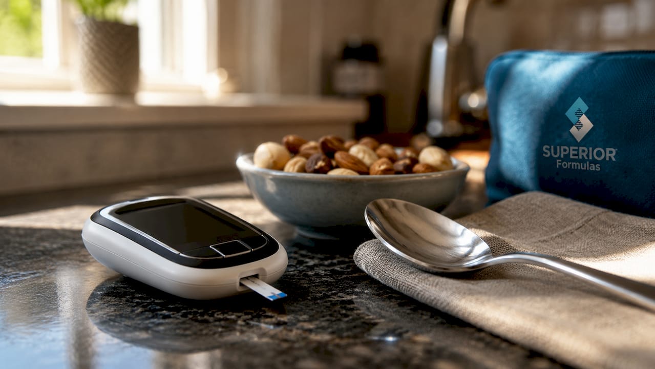 Close-up of glucose monitor and notes on table