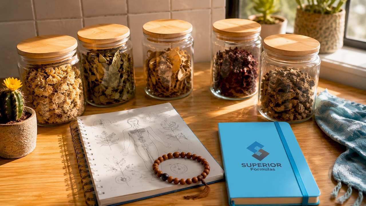 Holistic health tools on wooden desk from above view