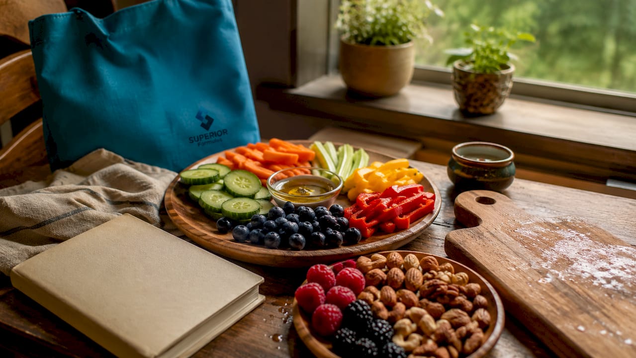 Plant-based foods and kitchen tools on counter