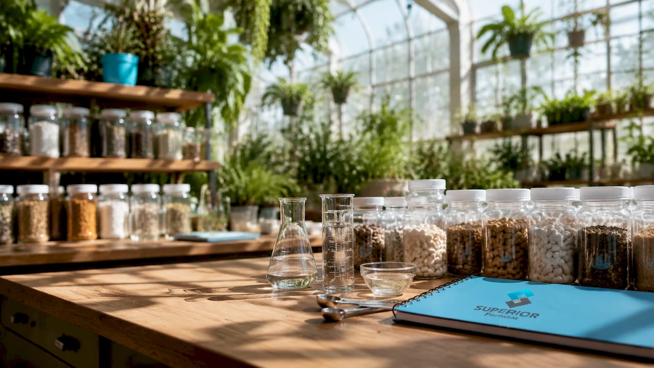 Standardized botanical supplement containers on lab bench