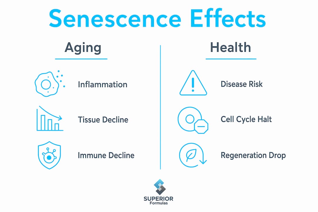 Infographic comparing effects of cellular senescence on aging and health
