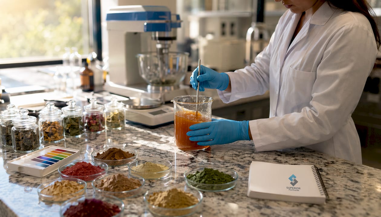 Lab workstation with polyherbal gummy formulation ingredients