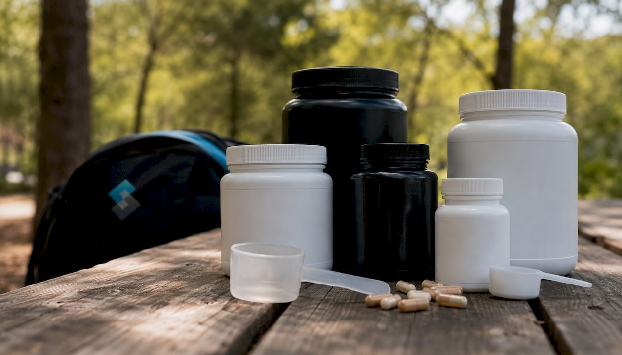 Close-up of supplement bottles and capsules on marble