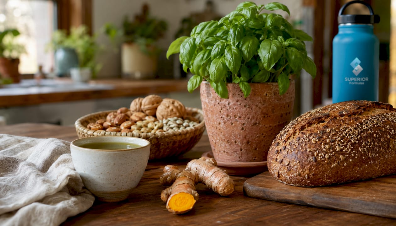 Whole grains, nuts, herbs, and turmeric on white kitchen table