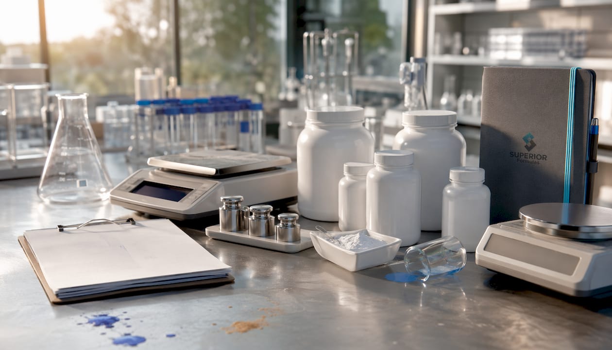 Supplement testing materials on wooden desk with natural light