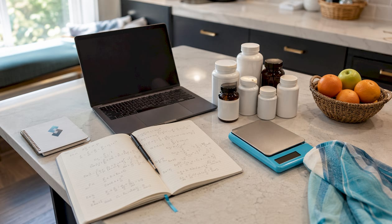 Home study setup with supplements and notebook