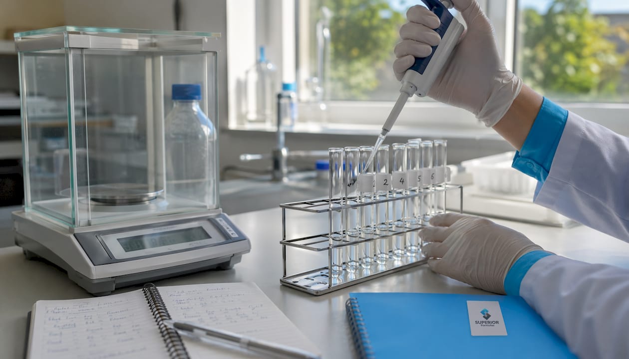 Gloved hands pipetting in supplement lab