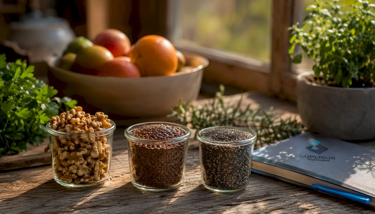 Walnuts, flaxseeds, and chia seeds in glass bowls