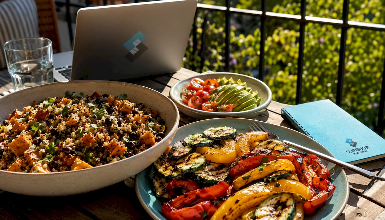 Plates of plant-based nutrient-rich meals prepared