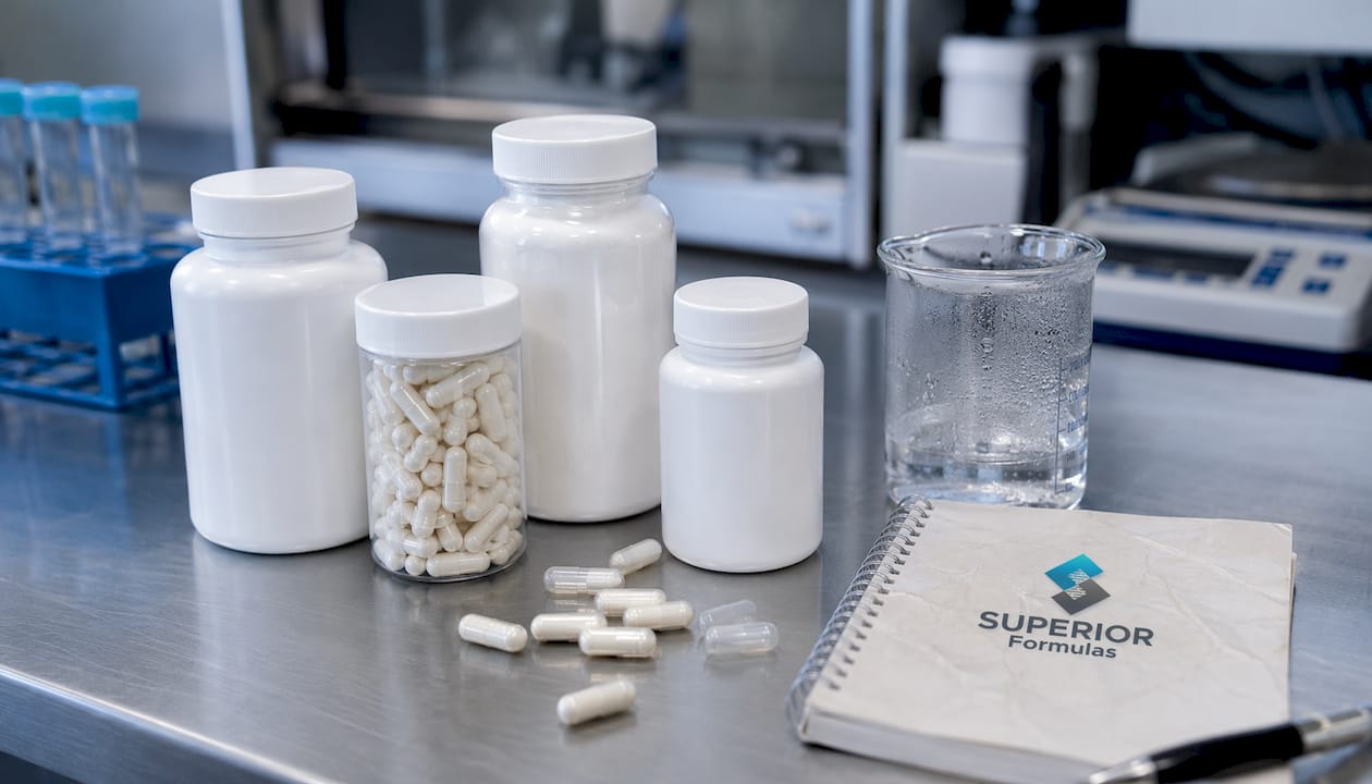 Close-up of clinical supplements on table