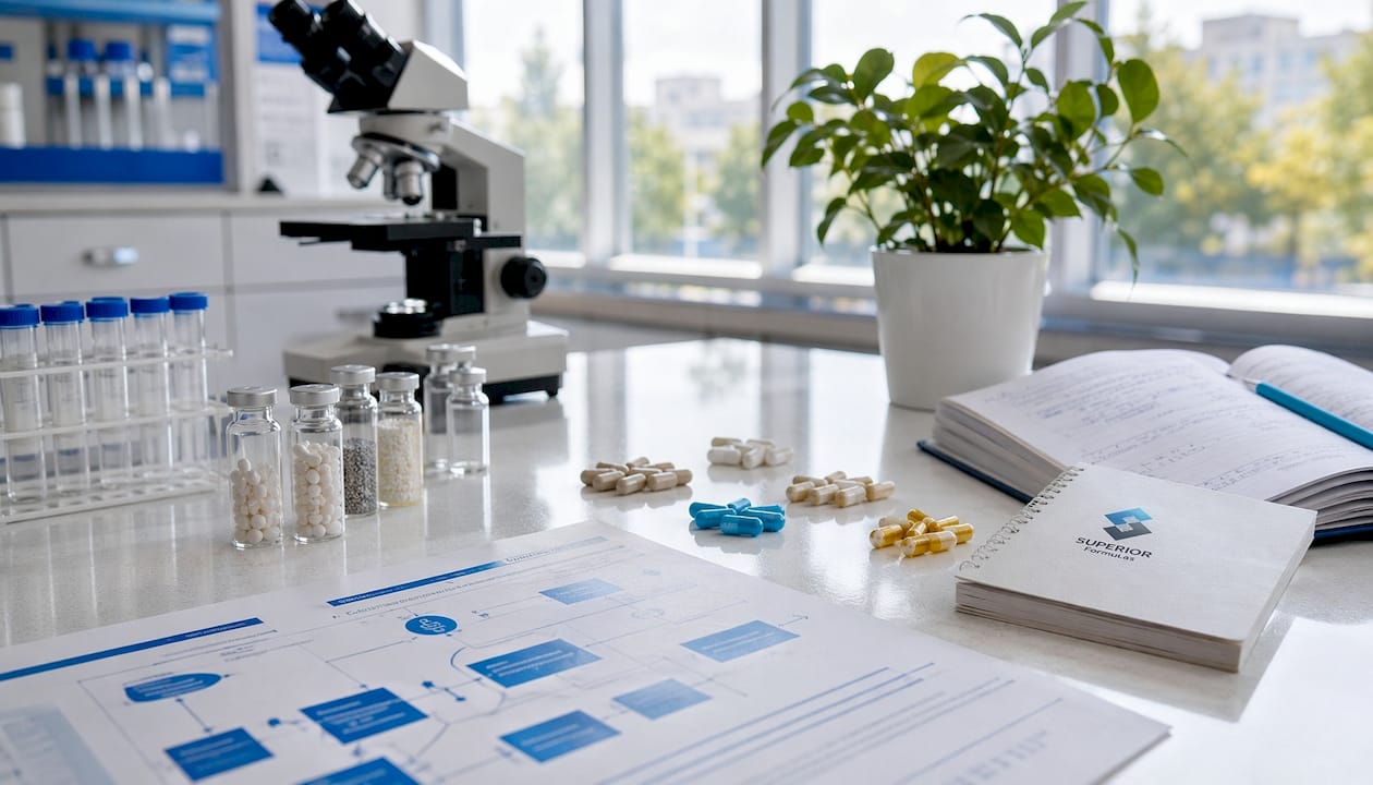 Overhead view of clinical formulation capsules and workflow charts on glass table
