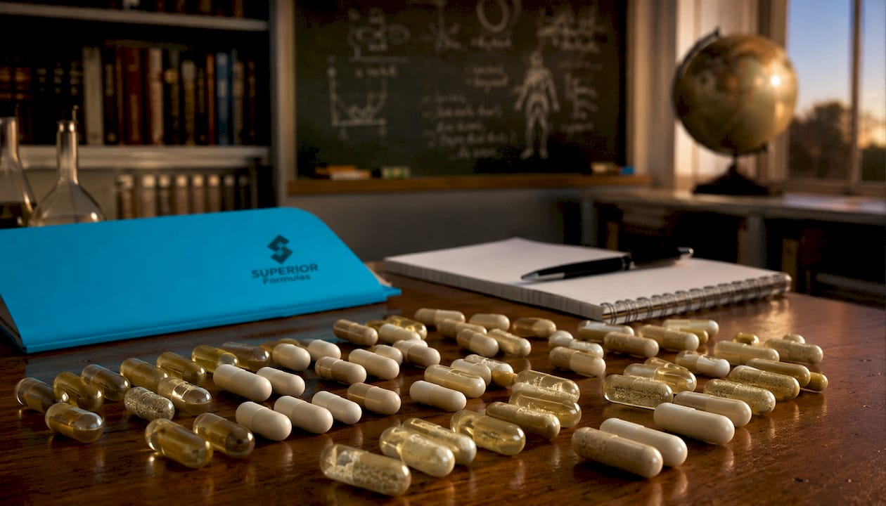 Close-up of assorted senolytic supplement capsules