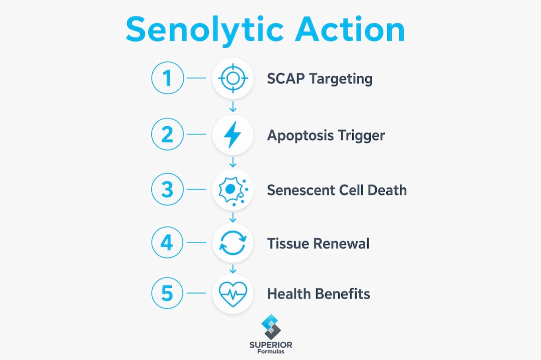 Infographic illustrating senolytic mechanism in five steps