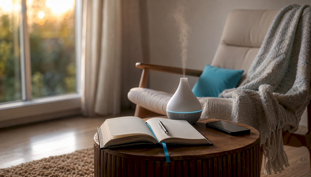 Sleep tracker and diffuser in calm bedroom corner