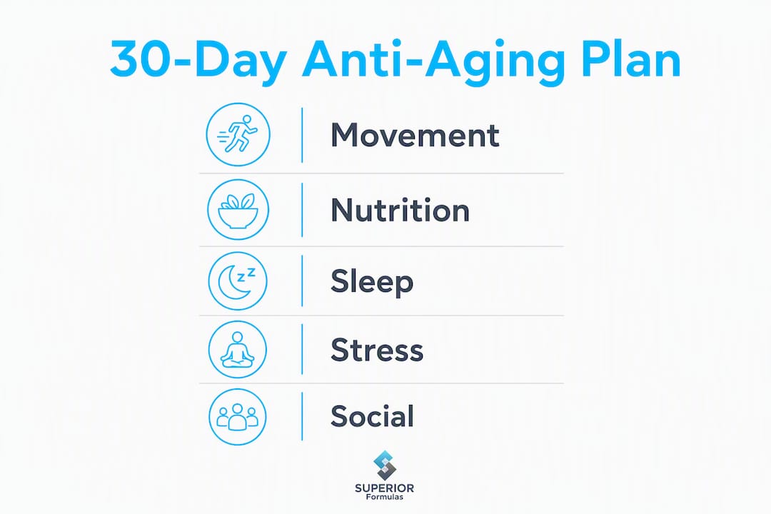 Infographic outlining 30-day anti-aging habit steps