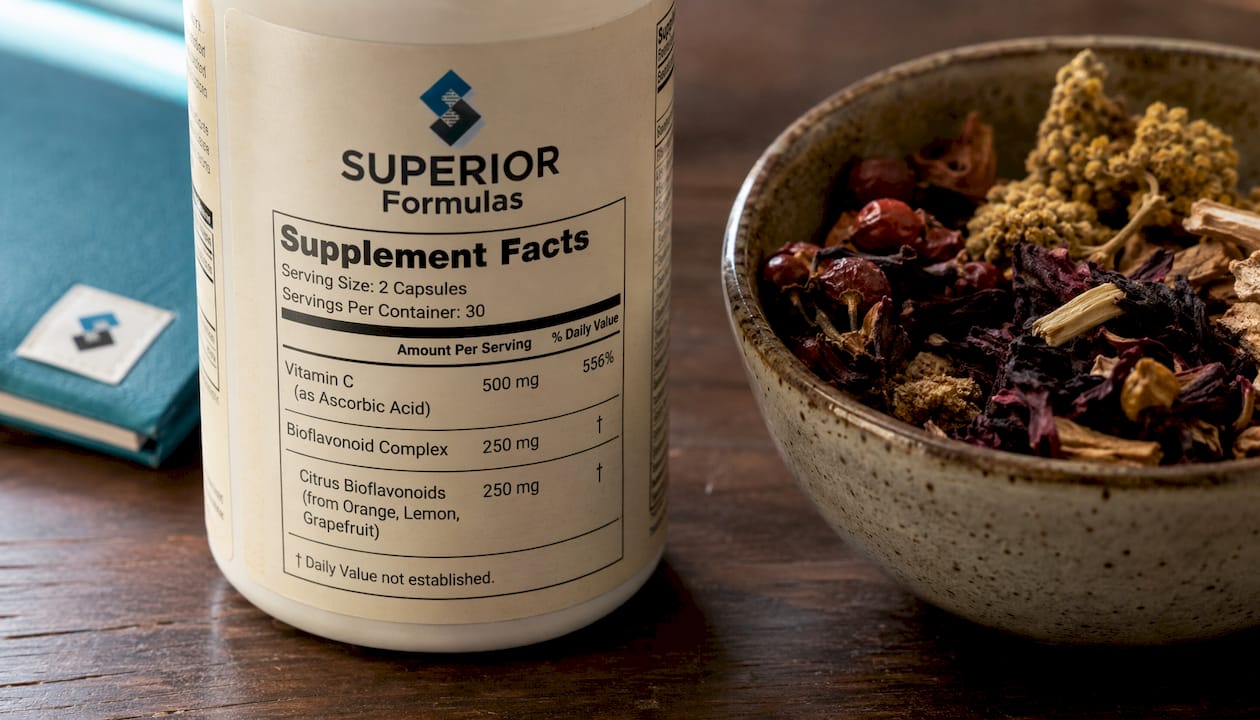 Close-up of supplement label with bioflavonoid info