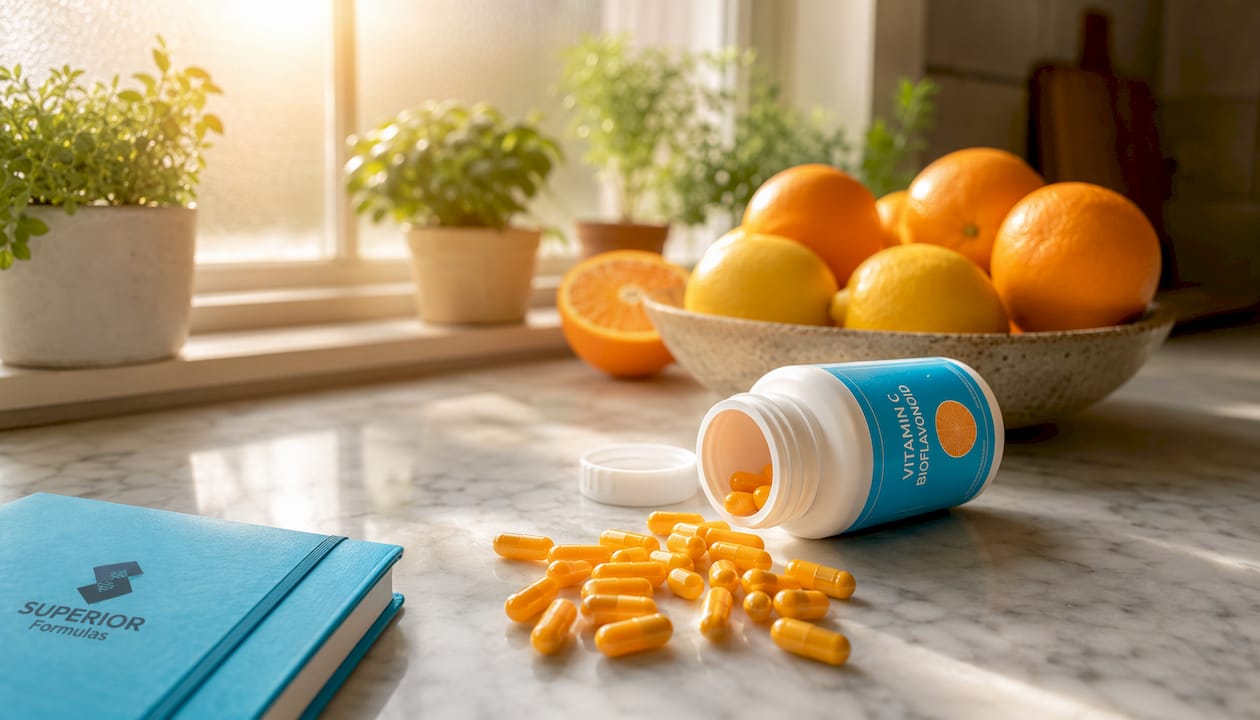 Close-up of vitamin C antioxidant capsules on cloth