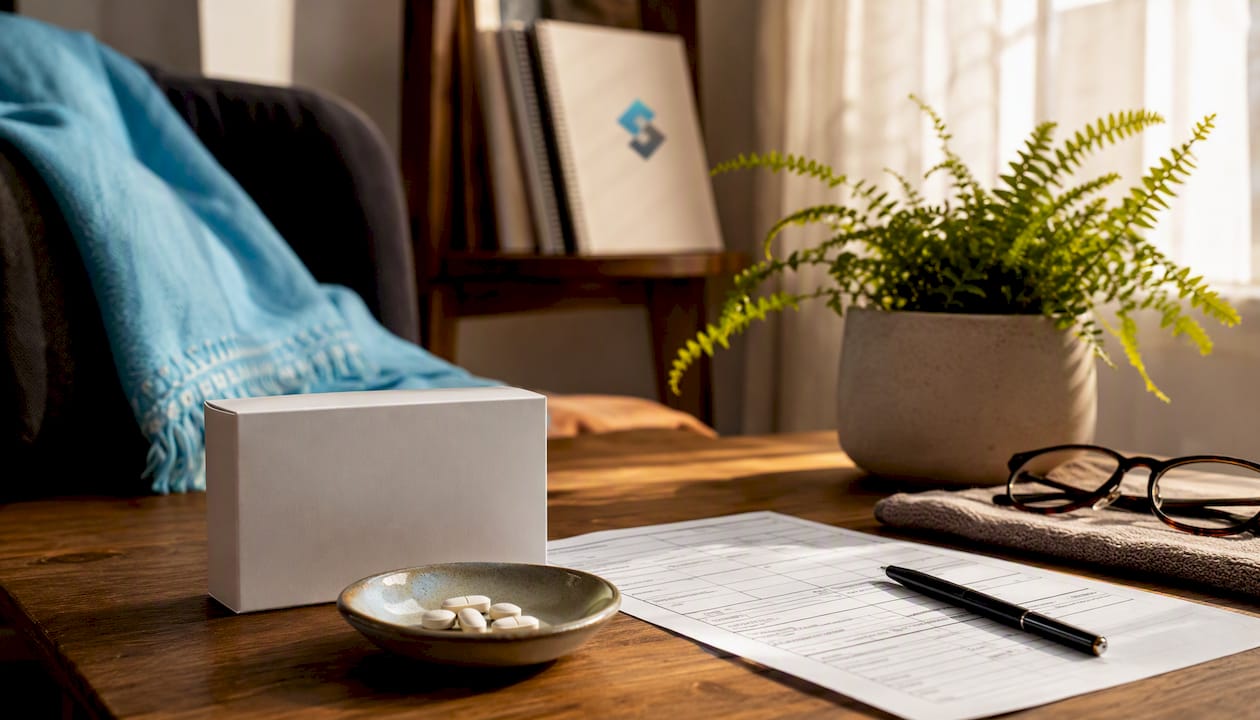 DHEA supplement on desk with medical forms and glasses