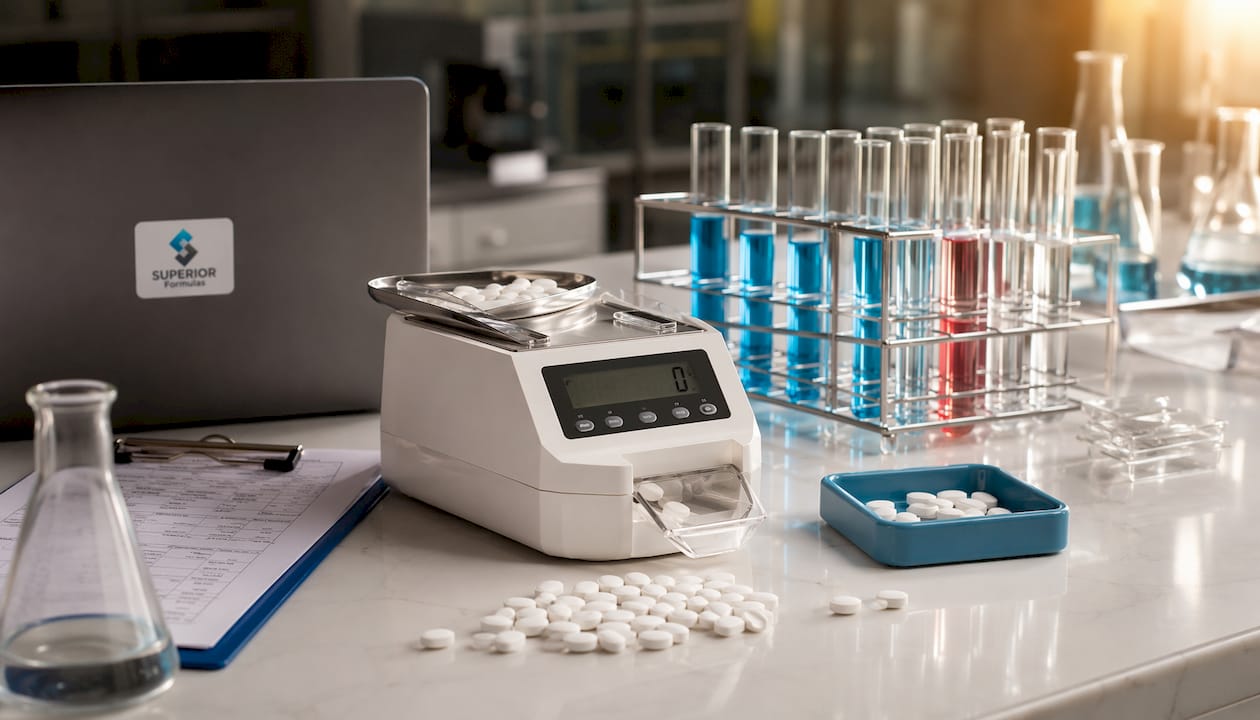 Clinical lab workspace with DHEA tablets and test tubes