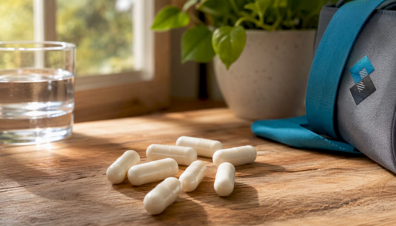 Close-up of arginine lysine supplement capsules