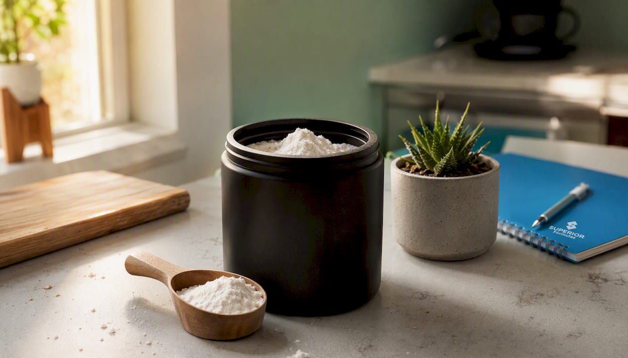 Glass jar with amino acid powder and scoop