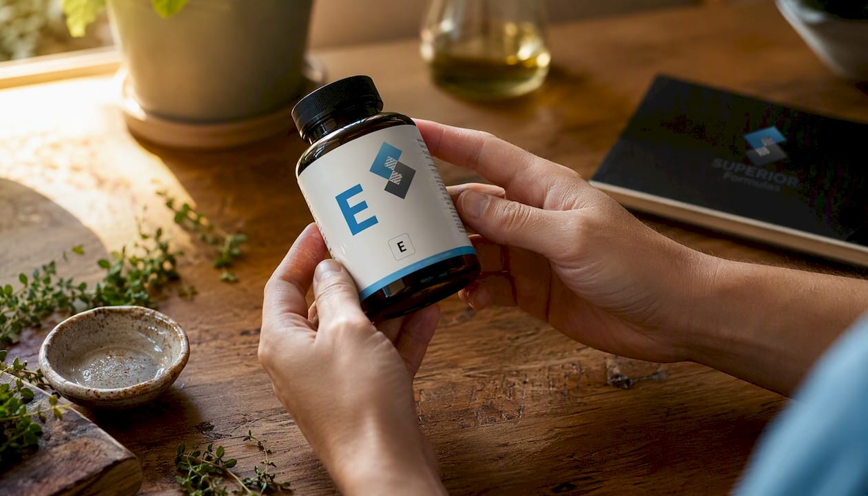Hands examining vitamin E supplement label