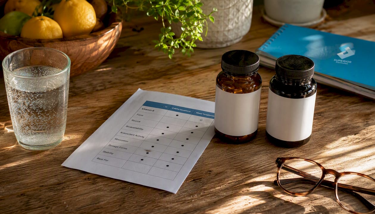 Vitamin E supplements with comparison chart on table