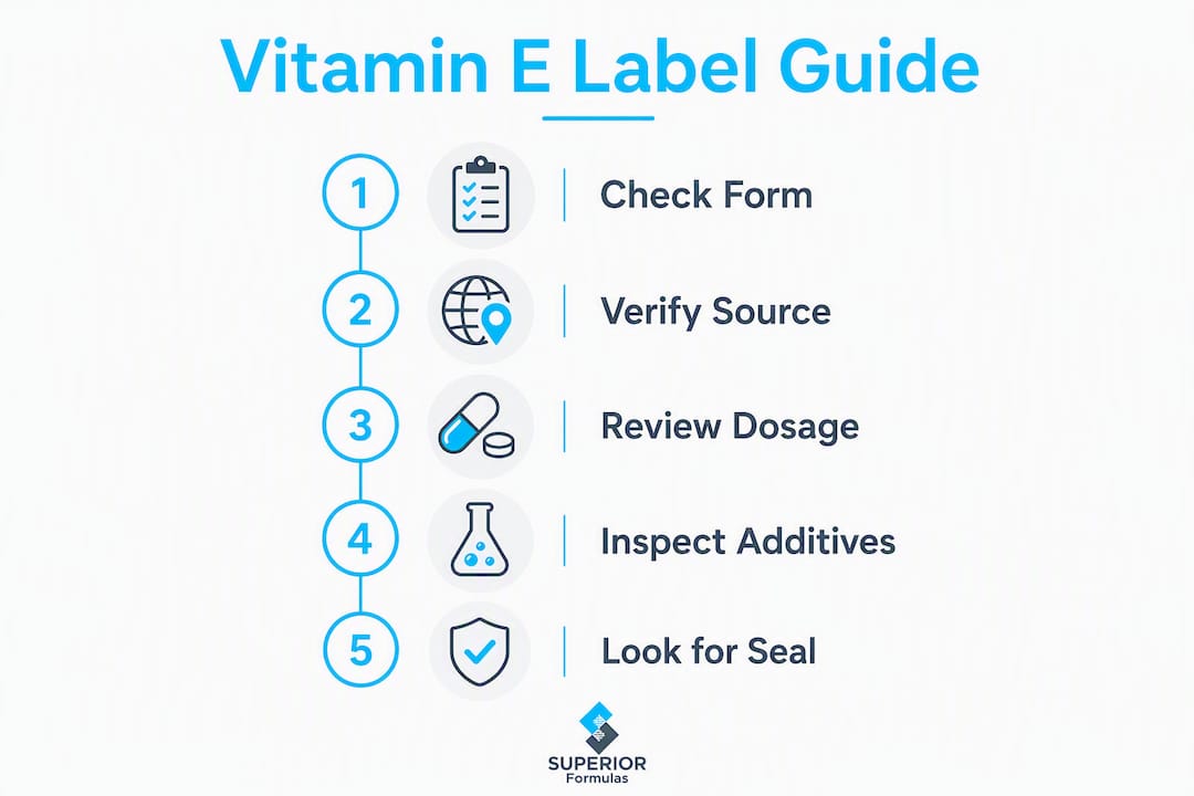 Infographic outlining steps to read vitamin E supplement label