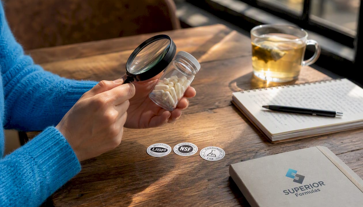Hands checking supplement seals and certifications