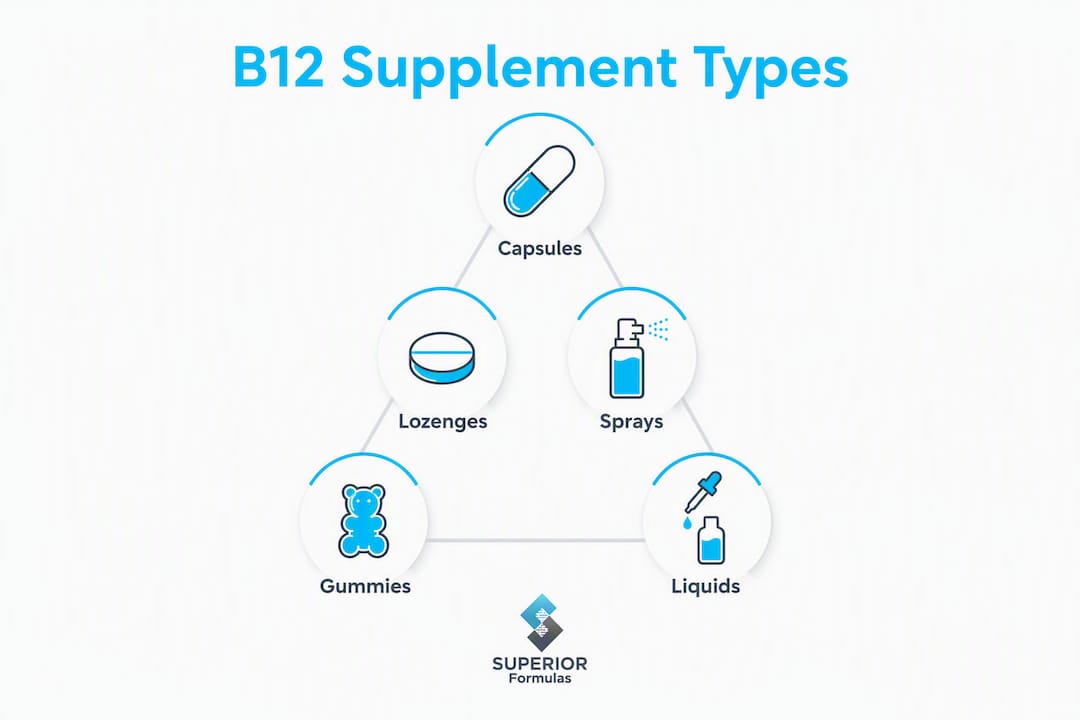 Infographic illustrating types of B12 supplements in pyramid layout